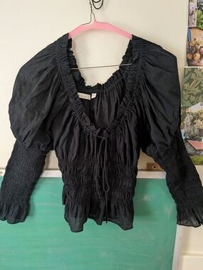 Down Baptisa Black Smocked Puff-Sleeve Peasant Top